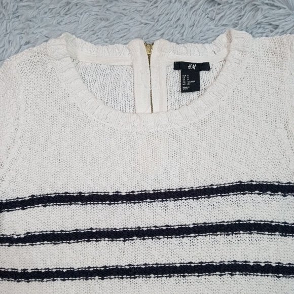 H & M Womens Sweater White Small Stripes Zip Back Cotton Round Neck - Picture 5 of 12